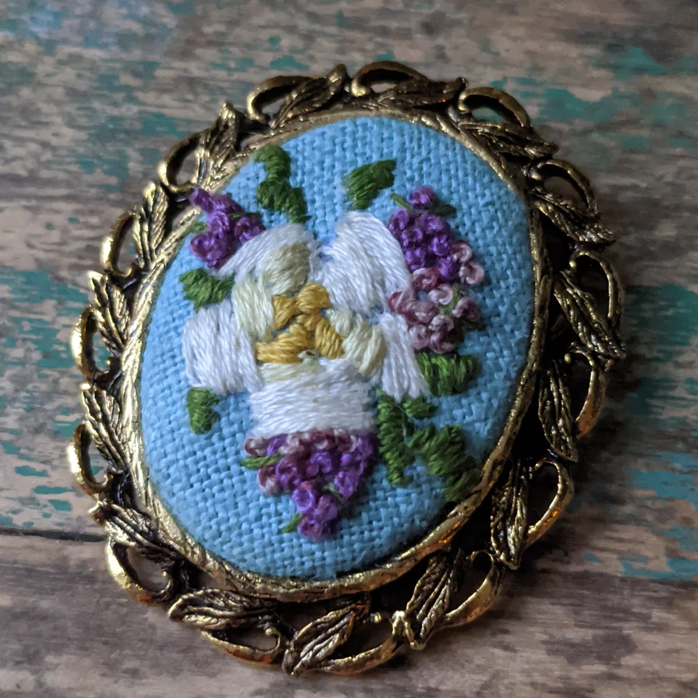Vintage Embroidered Linen Flower Gold  Framed Coquette Brooch Pin Pendant